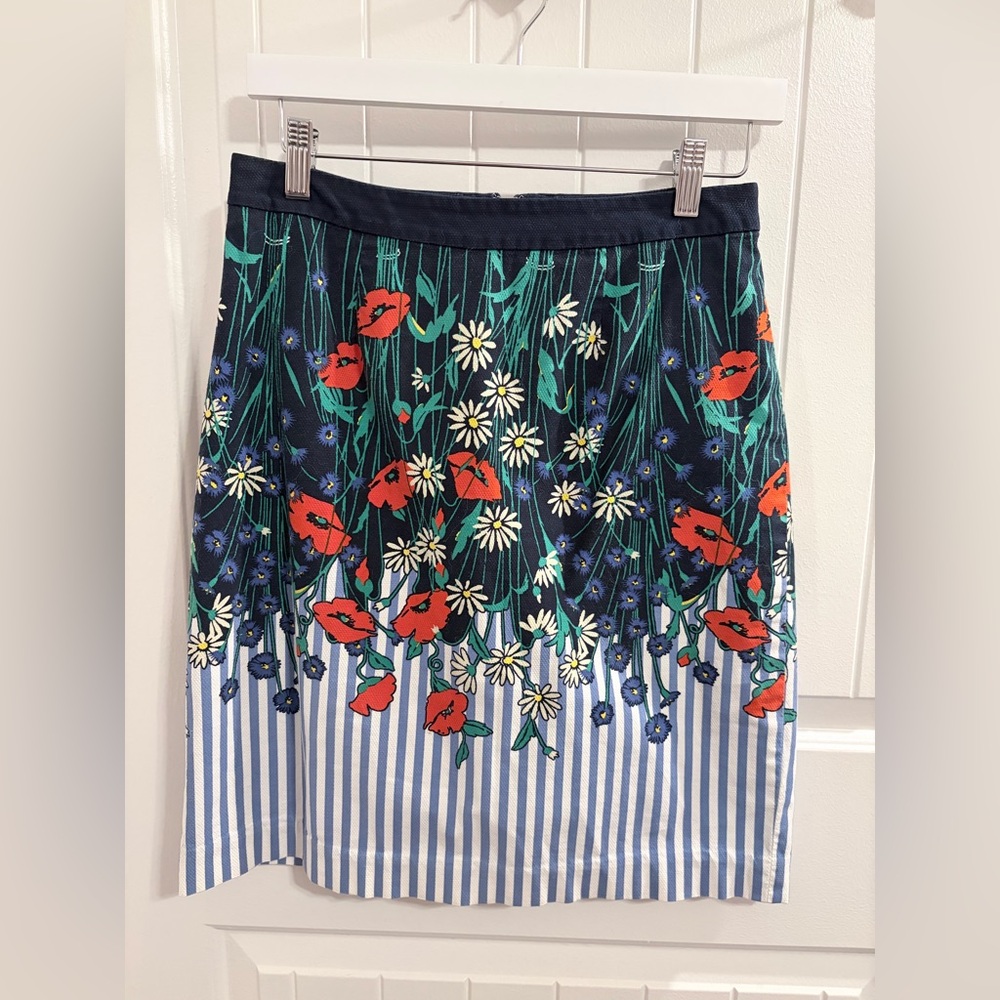 Anthropologie POSTMARK Floral Pencil Skirt in Blue and Red